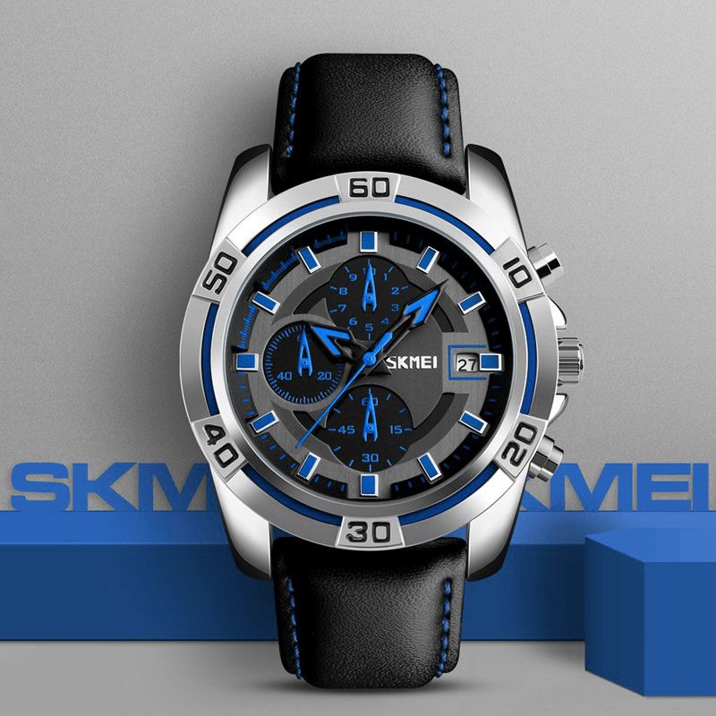 Skmei 9156 Zegarek Sportowy Chronograf Skórzany Pasek Wodoodporny Męski Zegarek Kwarcowy