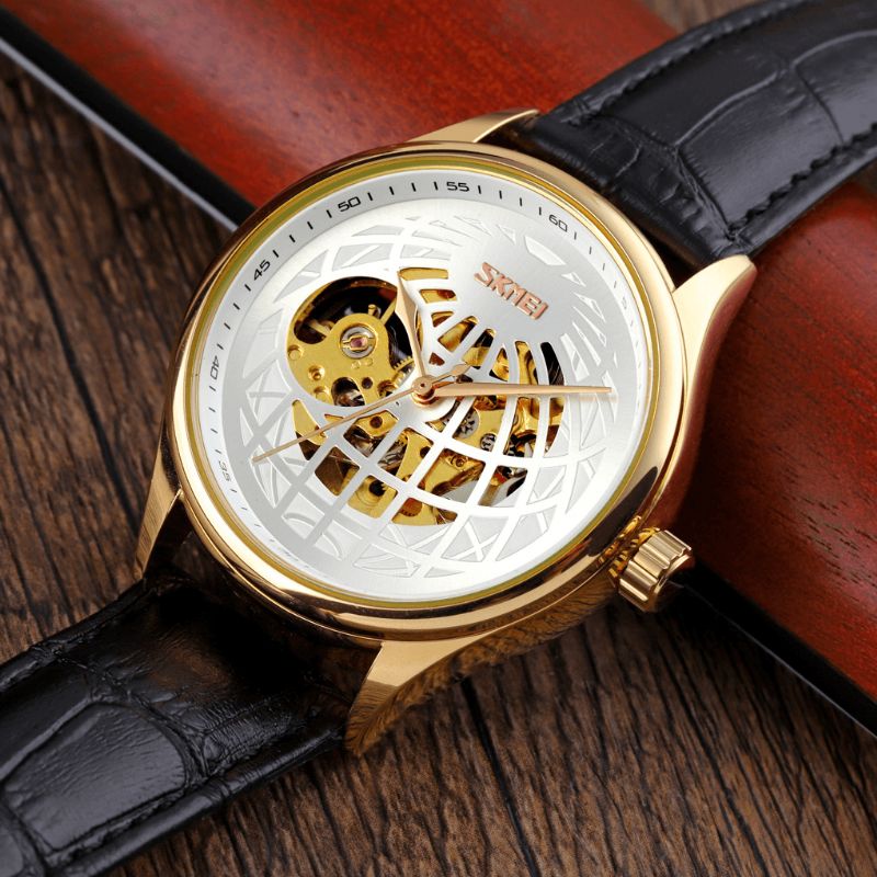 Skmei 9209 Luksusowy Styl Męskie Business Hollow Dial Skórzany Pasek Moda Automatyczny Zegarek Mechaniczny