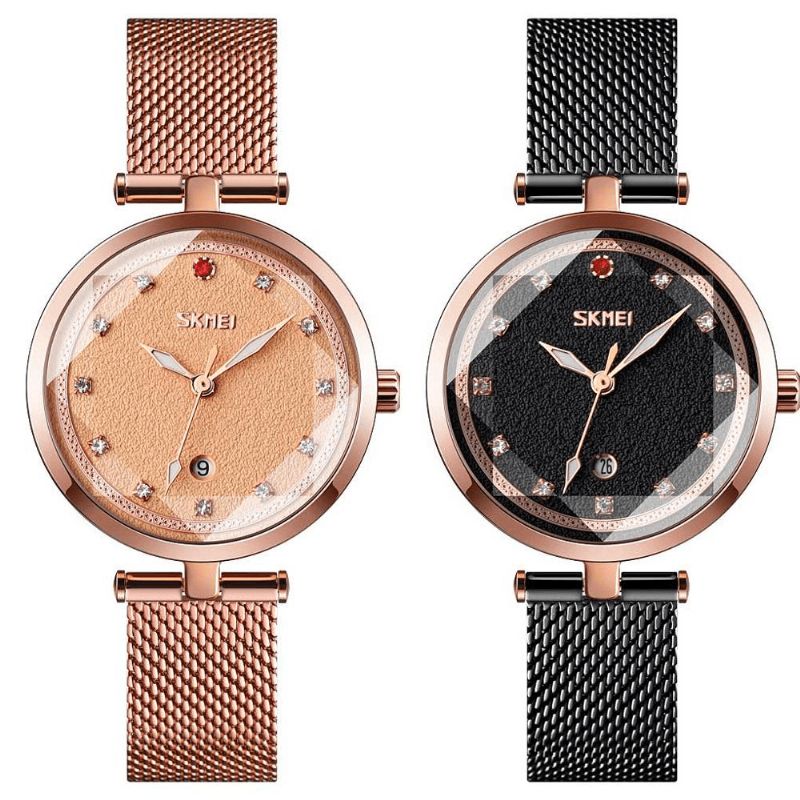 Skmei 9215 Trójwymiarowy Kryształowy Zegarek Damski Mesh Steel Band Quartz Watch