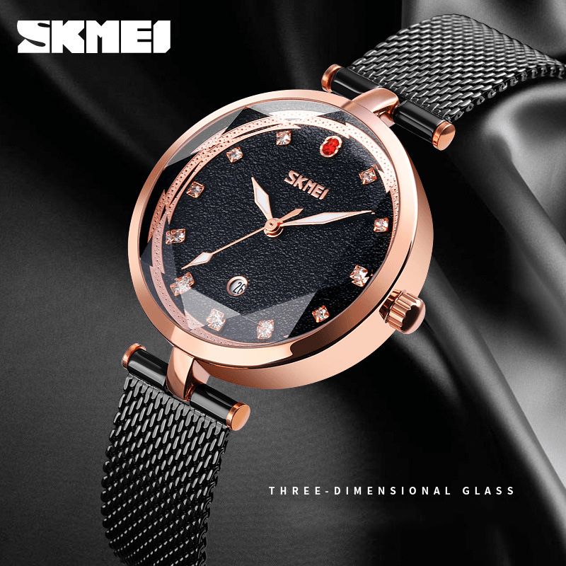 Skmei 9215 Trójwymiarowy Kryształowy Zegarek Damski Mesh Steel Band Quartz Watch