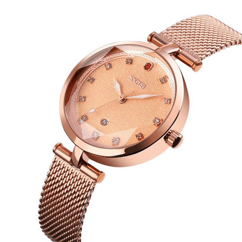 Skmei 9215 Trójwymiarowy Kryształowy Zegarek Damski Mesh Steel Band Quartz Watch