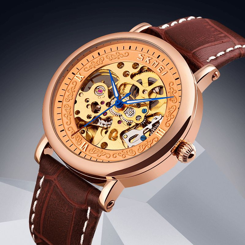 Skmei 9229 Moda Męskie Automatyczny Zegarek Hollow Dial Pasek Wodoodporny Biznesowy Zegarek Mechaniczny