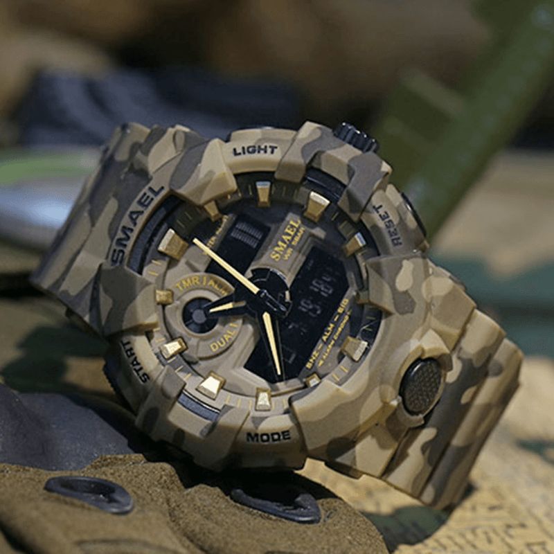 Smael 8001 Cyfrowy Zegarek Kamuflaż Militray Podwójny Wyświetlacz Mężczyźni Sport Outdoor Wrist Watch