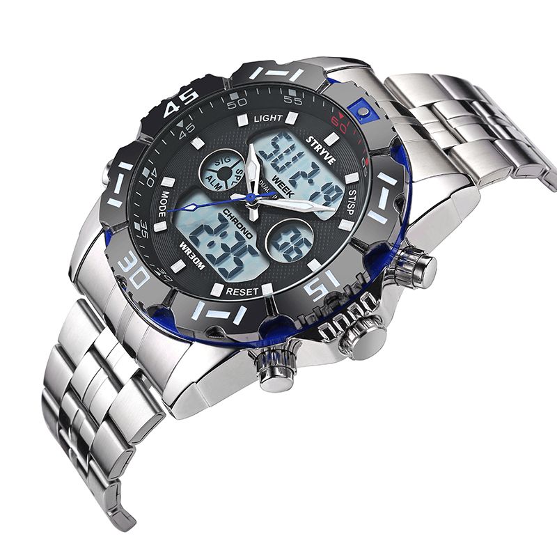 Stryve S8011 Chronograf Kalendarz Alarmowy Sportowy Zegarek Cyfrowy Ze Stali Nierdzewnej Z Podwójnym Wyświetlaczem