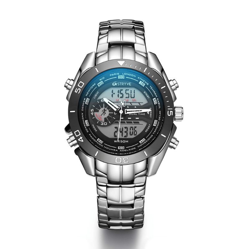 Stryve S8019 Męskie Luminoud Wyświetlacz Budzik Chronograf Sportowy Stalowy Pasek Podwójny Wyświetlacz Cyfrowy Zegarek