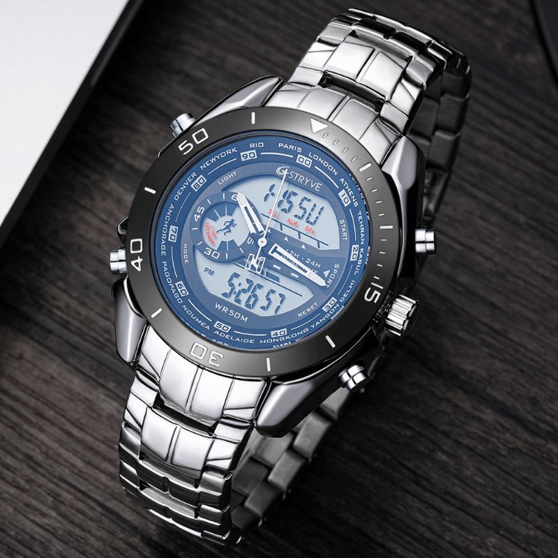 Stryve S8019 Męskie Luminoud Wyświetlacz Budzik Chronograf Sportowy Stalowy Pasek Podwójny Wyświetlacz Cyfrowy Zegarek