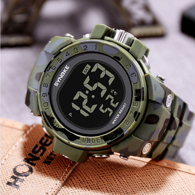 Synoke 9030 Moda Męskie Zegarek Wodoodporny Wyświetlacz Tygodnia Alarm El Light Camouflage Digital Watch