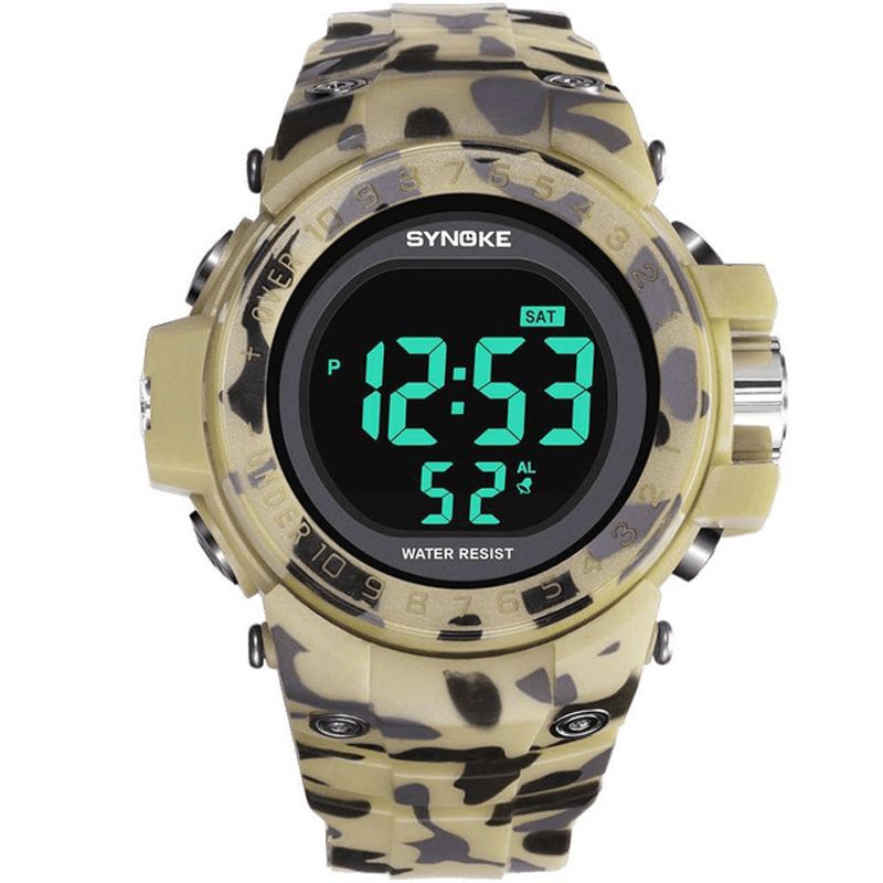 Synoke 9030 Moda Męskie Zegarek Wodoodporny Wyświetlacz Tygodnia Alarm El Light Camouflage Digital Watch