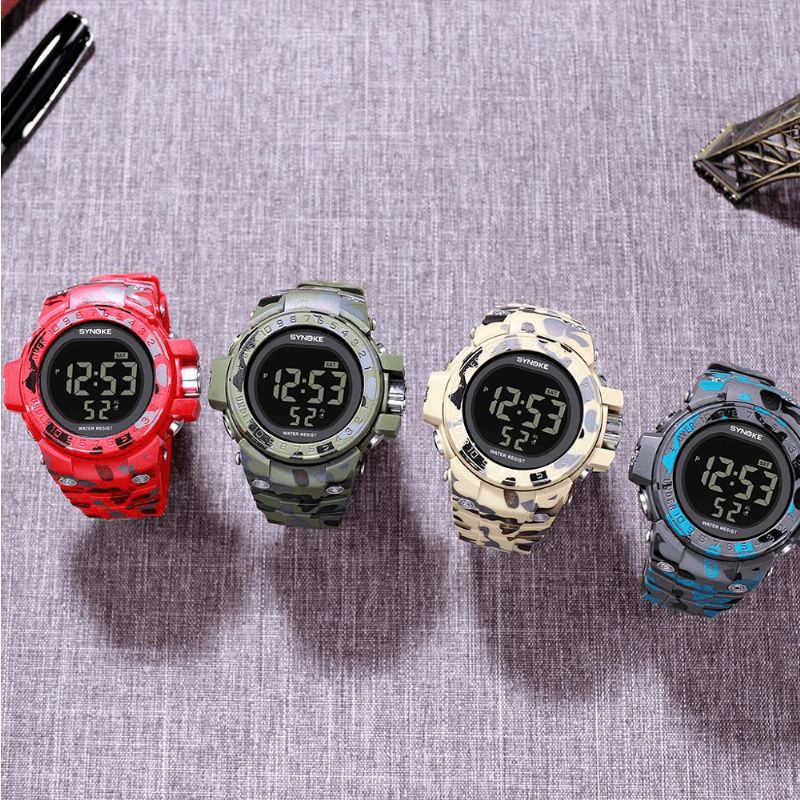 Synoke 9030 Moda Męskie Zegarek Wodoodporny Wyświetlacz Tygodnia Alarm El Light Camouflage Digital Watch