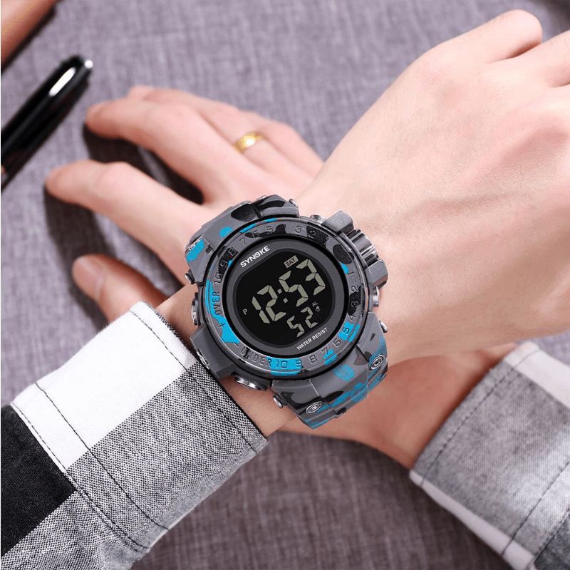 Synoke 9030 Moda Męskie Zegarek Wodoodporny Wyświetlacz Tygodnia Alarm El Light Camouflage Digital Watch