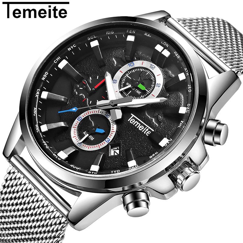 Temeite Męskie Business Zegarek Chronograph Kalendarz Moda Codzienne 3Atm Wodoodporny Zegarek Kwarcowy