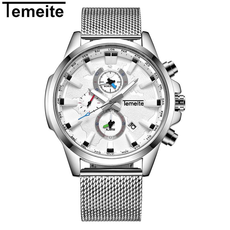 Temeite Męskie Business Zegarek Chronograph Kalendarz Moda Codzienne 3Atm Wodoodporny Zegarek Kwarcowy