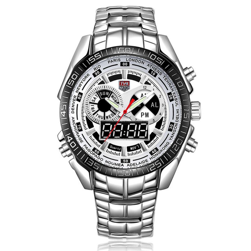 Tvg 468 Męskie Luxury Steel Band Date Luminous Display Moda Sport Dual Display Digital Watch