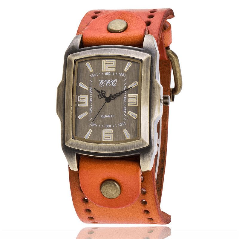 Vintage Moda Prostokąt Dial Cow Leather Wrist Zegarek Unisex Antique Codzienne Band Męskie Quartz Watch