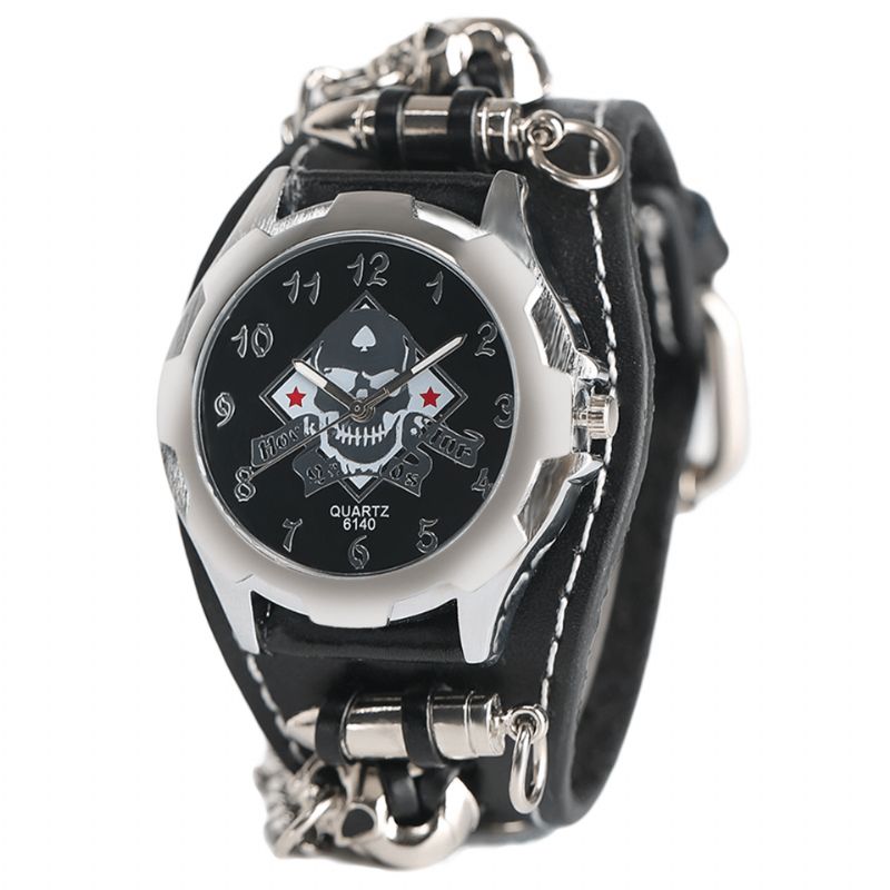 Vintage Square Dial Męskie Zegarek Hollow Skull Skórzany Zegarek Kwarcowy