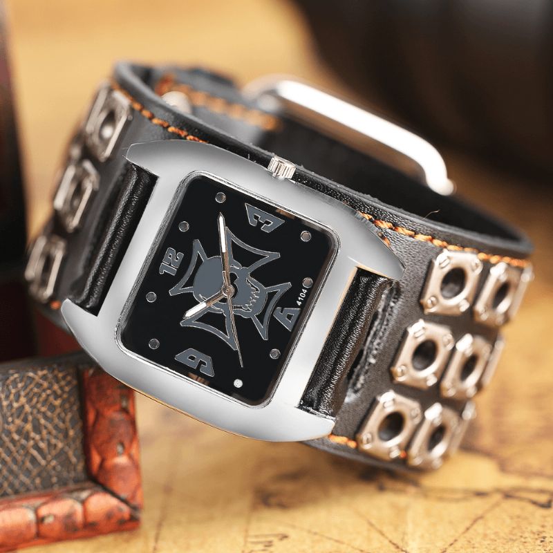 Vintage Square Dial Męskie Zegarek Hollow Skull Skórzany Zegarek Kwarcowy