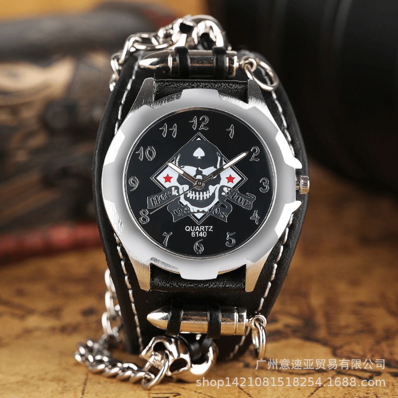 Vintage Square Dial Męskie Zegarek Hollow Skull Skórzany Zegarek Kwarcowy