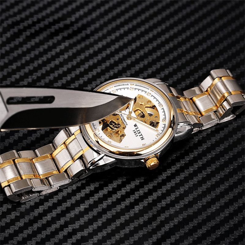 Wlisth 1001 Business Diamond Steel Strap Skeleton Luminous Display Męskie Wodoodporny Automatyczny Zegarek Mechaniczny