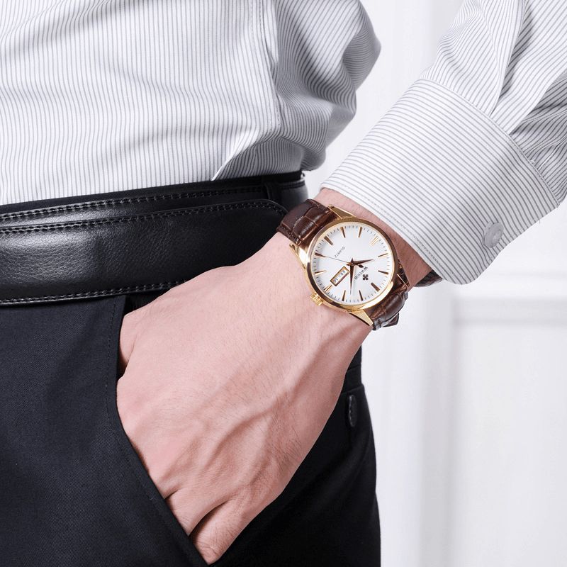 Wwoor 8801 Kalendarz Business Style Męskie Wrist Zegarek Skórzany Pasek Do Zegarka Zegarek Kwarcowy