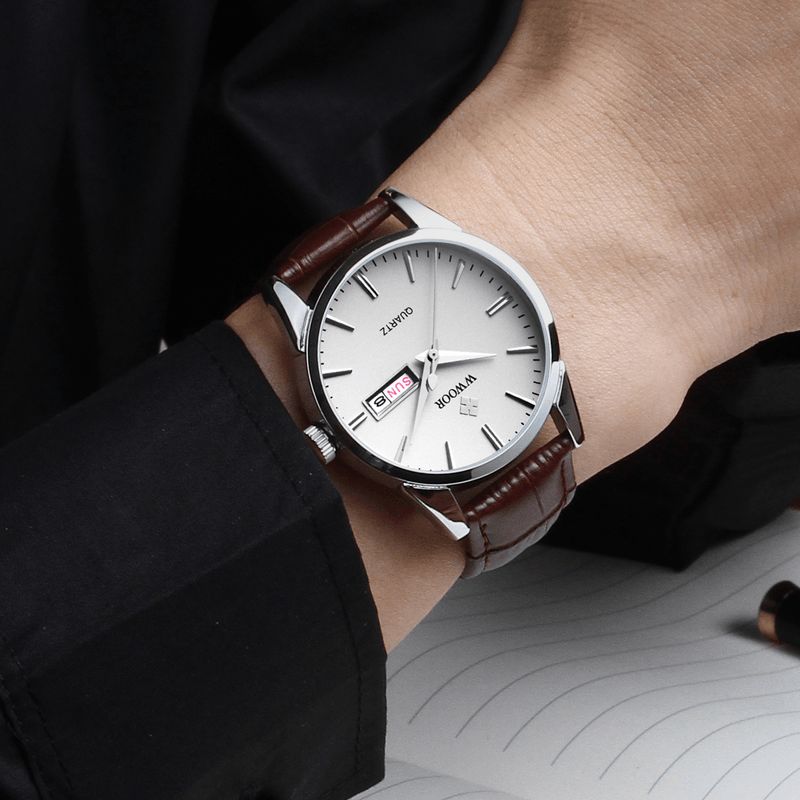 Wwoor 8801 Kalendarz Business Style Męskie Wrist Zegarek Skórzany Pasek Do Zegarka Zegarek Kwarcowy