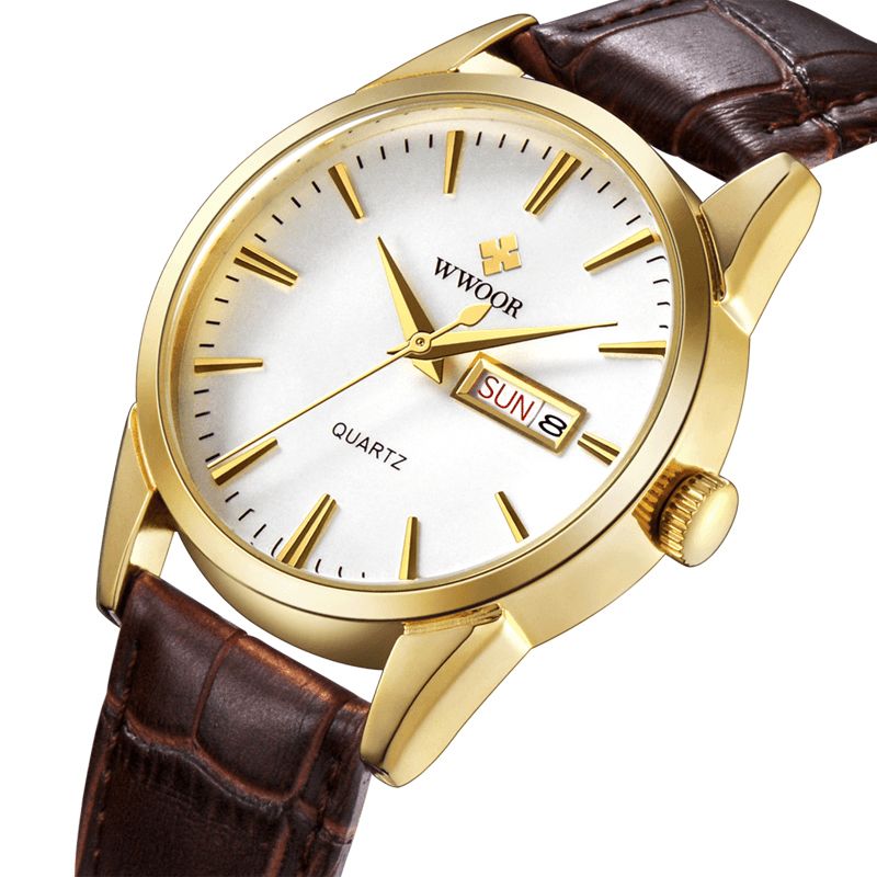 Wwoor 8801 Kalendarz Business Style Męskie Wrist Zegarek Skórzany Pasek Do Zegarka Zegarek Kwarcowy