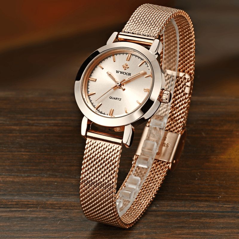 Wwoor 8823 Prosta Konstrukcja Elegancki Damski Zegarek Na Rękę Mesh Steel Clock Zegarki Kwarcowe