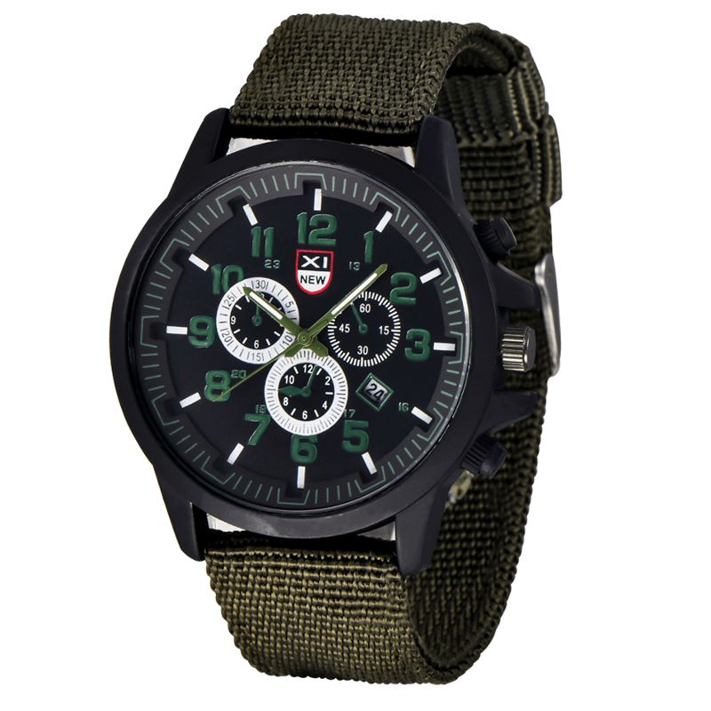 Xinew 2229D Military Codzienne Męskie Nylon Canvas Band Wyświetlacz Danych Wodoodporny Duży Sportowy Zegarek Kwarcowy