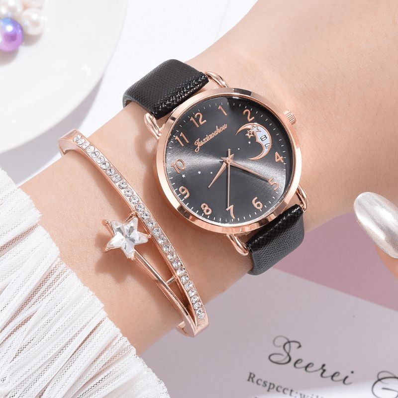 Xr4379 Elegancki Luksusowy 2 Szt. Zestaw Zegarków Bransoletka Damska Zegarek Kwarcowy Księżyc Starry Dial Skórzany Pasek Damski Prezent