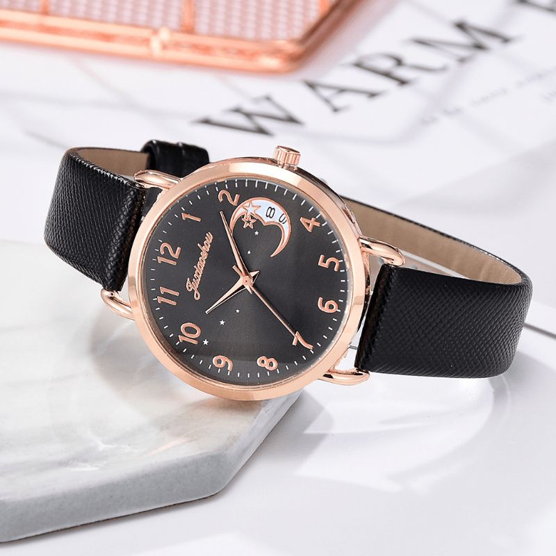 Xr4379 Elegancki Luksusowy 2 Szt. Zestaw Zegarków Bransoletka Damska Zegarek Kwarcowy Księżyc Starry Dial Skórzany Pasek Damski Prezent