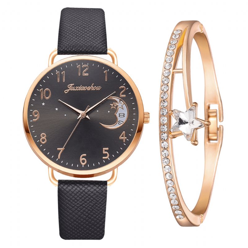 Xr4379 Elegancki Luksusowy 2 Szt. Zestaw Zegarków Bransoletka Damska Zegarek Kwarcowy Księżyc Starry Dial Skórzany Pasek Damski Prezent