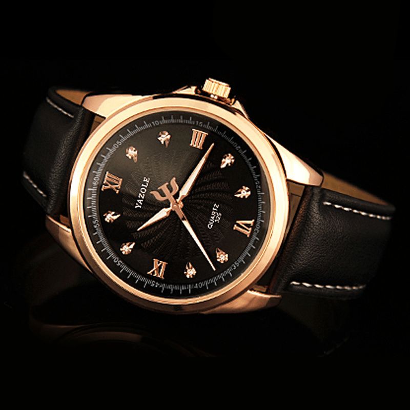 Yazole 325 Męskie Crystal Rose Gold Case Skórzany Pasek Luminous Display Zegarek Kwarcowy