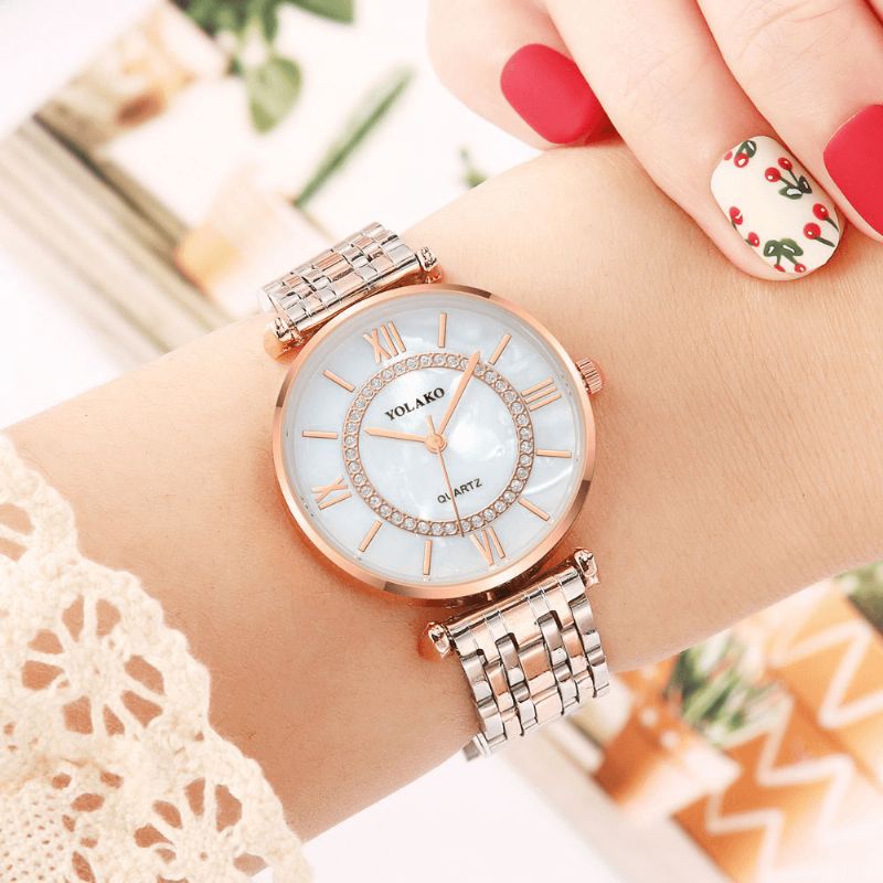 Yolakd A0707 Codzienne Style Ultra Thin Full Alloy Damskie Wrist Zegarek Shell Dial Quartz Watch