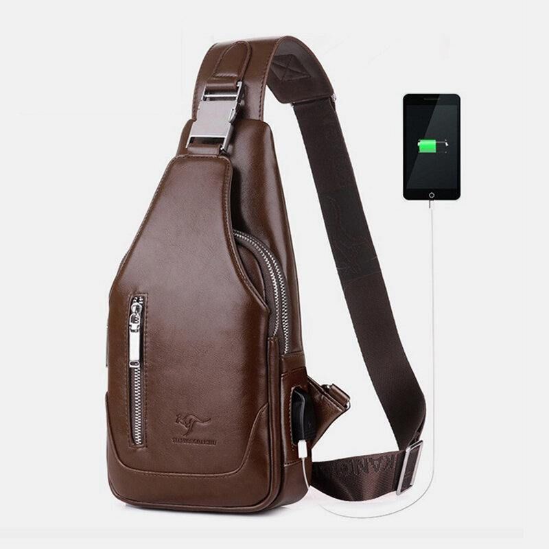 Mężczyźni Pu Leather Business Codzienne Outdoor Wodoodporna Torba Na Ramię Multi-Carry Torba Crossbody Torba Na Klatkę Piersiową Z Ładowaniem Usb