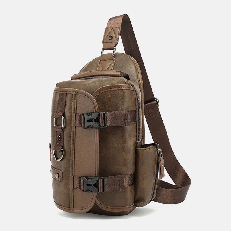 Mężczyźni Pu Leather Vintage Wielofunkcyjny Otwór Na Słuchawki Usb Ładowanie Crossbody Bag Torba Na Klatkę Piersiową Sling Bag