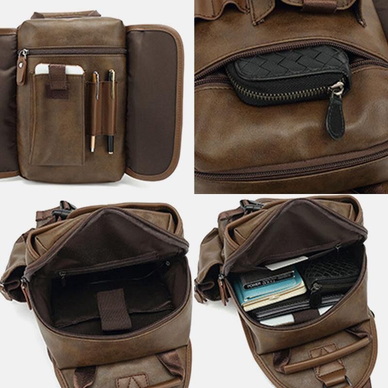 Mężczyźni Pu Leather Vintage Wielofunkcyjny Otwór Na Słuchawki Usb Ładowanie Crossbody Bag Torba Na Klatkę Piersiową Sling Bag