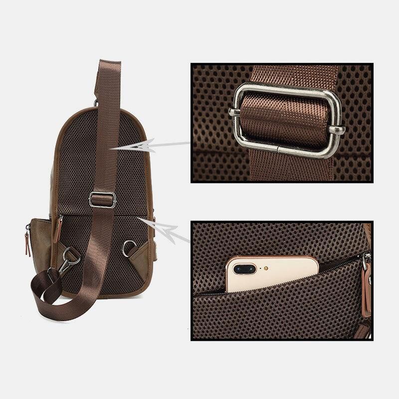 Mężczyźni Pu Leather Vintage Wielofunkcyjny Otwór Na Słuchawki Usb Ładowanie Crossbody Bag Torba Na Klatkę Piersiową Sling Bag