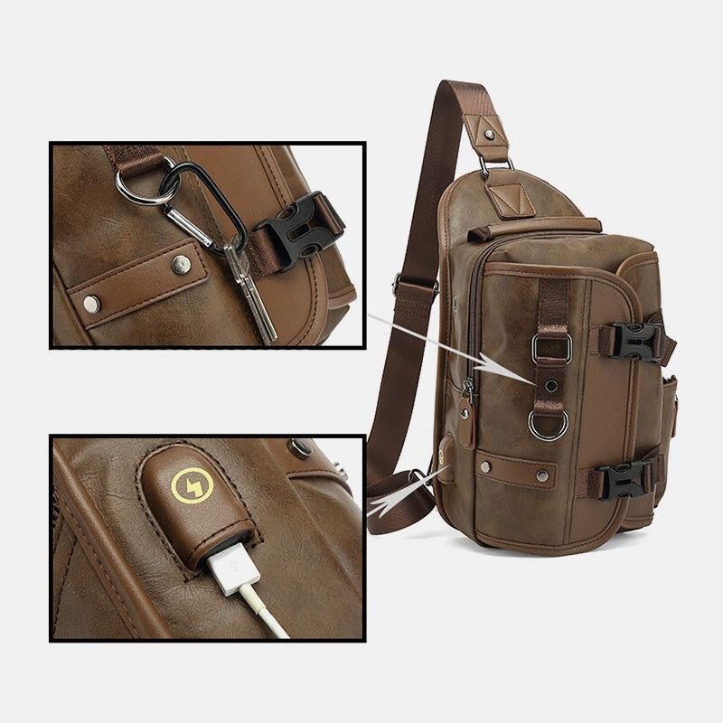 Mężczyźni Pu Leather Vintage Wielofunkcyjny Otwór Na Słuchawki Usb Ładowanie Crossbody Bag Torba Na Klatkę Piersiową Sling Bag