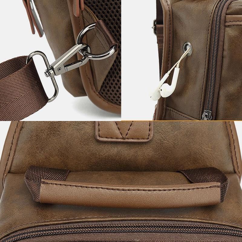 Mężczyźni Pu Leather Vintage Wielofunkcyjny Otwór Na Słuchawki Usb Ładowanie Crossbody Bag Torba Na Klatkę Piersiową Sling Bag