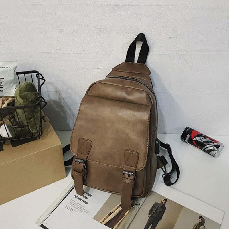 Mężczyźni Retro Otwór Na Słuchawki Multi-Carry Ładowanie Usb Wielowarstwowa Wodoodporna Torba Crossbody Torba Na Klatkę Piersiową Torba Na Ramię