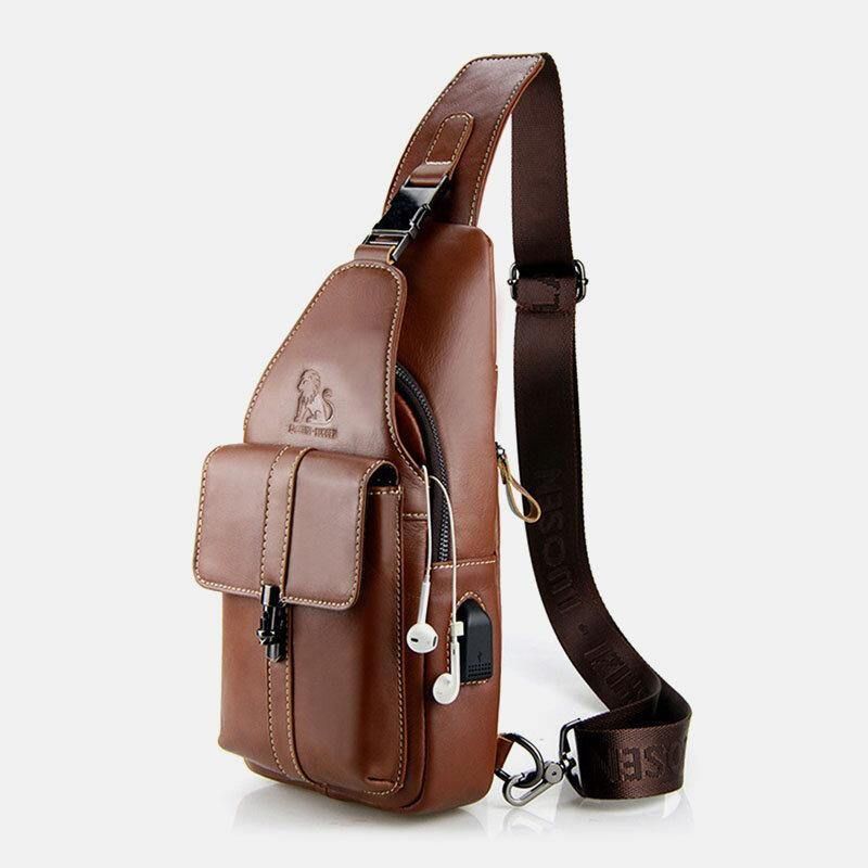 Męska Torba Z Prawdziwej Skóry Usb Do Ładowania Retro Na Co Dzień Ze Skóry Wołowej Na Klatkę Piersiową Torba Na Ramię Crossbody Bag