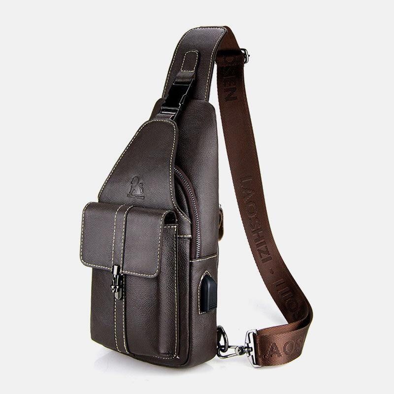 Męska Torba Z Prawdziwej Skóry Usb Do Ładowania Retro Na Co Dzień Ze Skóry Wołowej Na Klatkę Piersiową Torba Na Ramię Crossbody Bag