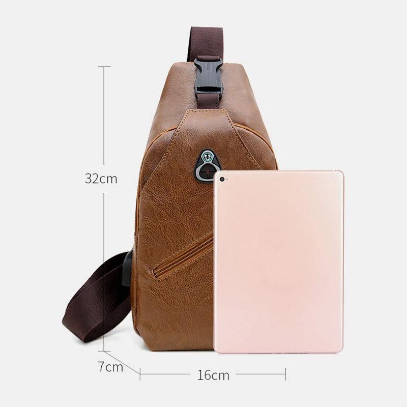 Męska Torba Ze Sztucznej Skóry Usb Do Ładowania Travel Retro Business Chest Bag Crossbody Bag