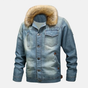 Moda Męska 100% Bawełniane Kieszenie Denim Fleece Zagęszczony Stójka Codzienne Jacket