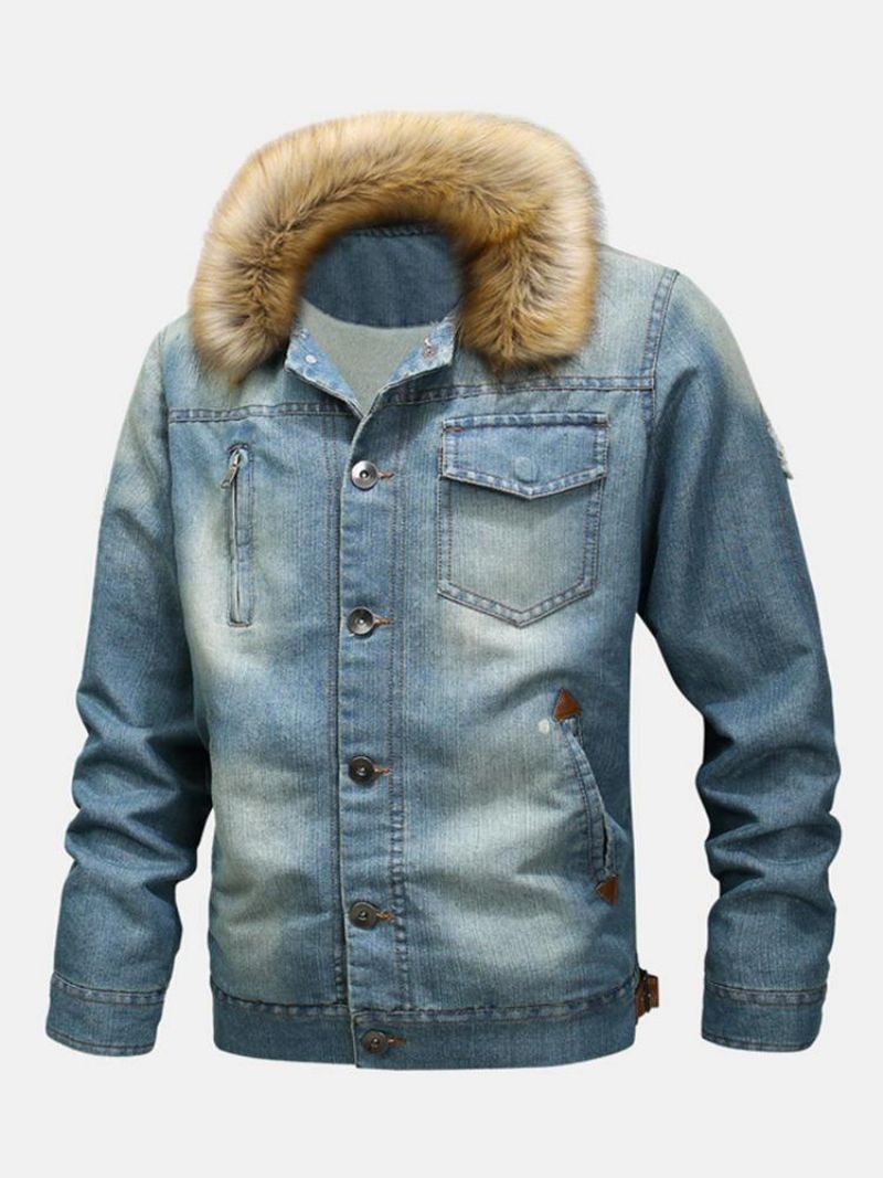 Moda Męska 100% Bawełniane Kieszenie Denim Fleece Zagęszczony Stójka Codzienne Jacket