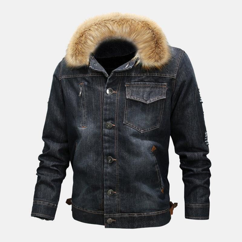 Moda Męska 100% Bawełniane Kieszenie Denim Fleece Zagęszczony Stójka Codzienne Jacket