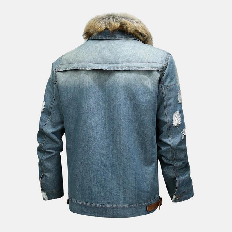 Moda Męska 100% Bawełniane Kieszenie Denim Fleece Zagęszczony Stójka Codzienne Jacket