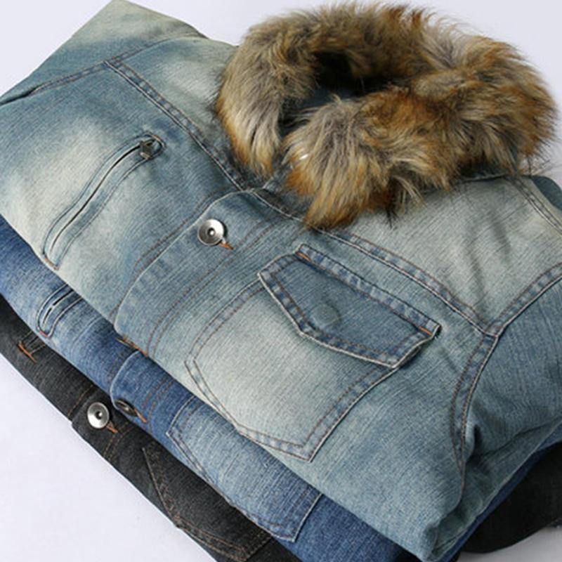 Moda Męska 100% Bawełniane Kieszenie Denim Fleece Zagęszczony Stójka Codzienne Jacket