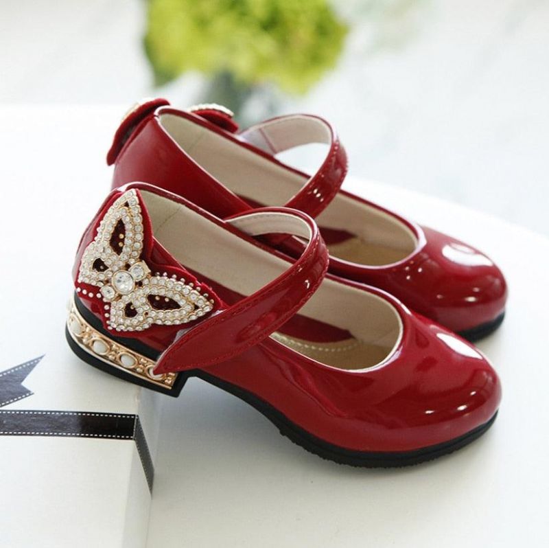 Skórzane Buty Dziewczęce Bowknot Rhinestone