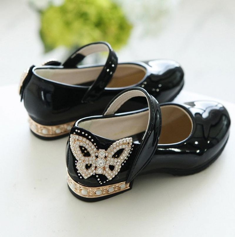 Skórzane Buty Dziewczęce Bowknot Rhinestone