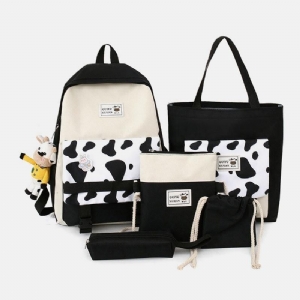 5 Szt. Płótno Preppy Cow Pattern Wielofunkcyjna Torba Kombinowana Plecak Tote Crossbody Bag Portfel Sprzęgła